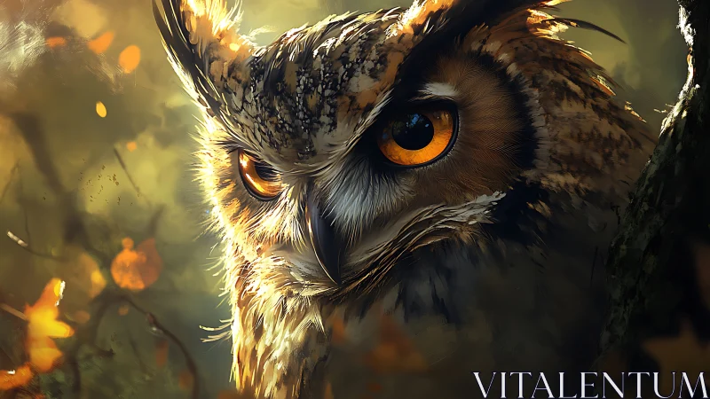 Majestic owl close-up in dreamy autumn forest, digital painting style.