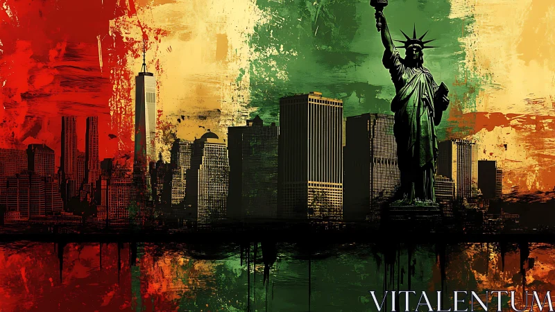 Statue of Liberty cityscape over tricolor abstract backdrop.
