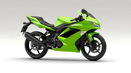 Sport motorcycle in vivid green stands poised for speed.