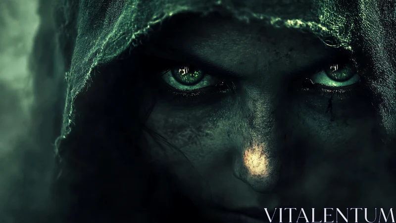 Hooded figure stares forward with illuminated green eyes