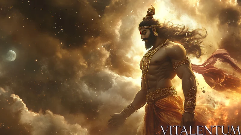 Radiant celestial warrior walking through glowing cosmic clouds.