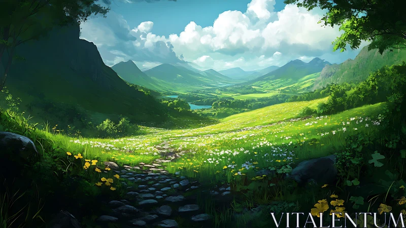 Sunlit valley meadow with cobblestone path and wildflowers.