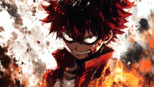 Intense anime boy with red hair surrounded by explosive fire.