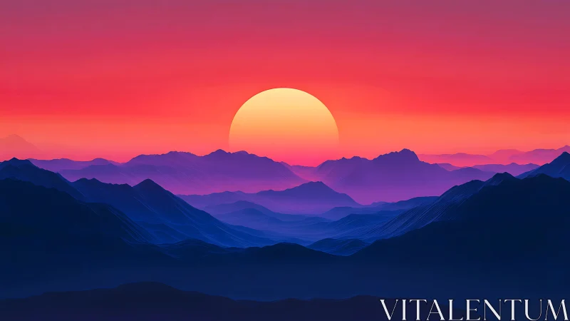 Neon twilight sun melts over dreaming indigo mountain waves.