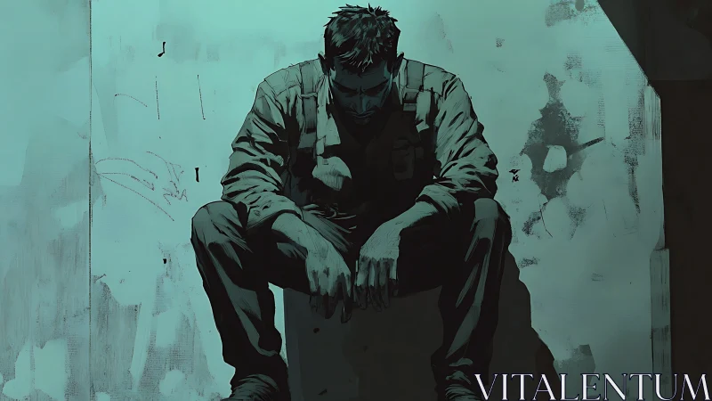 Solitary male figure seated against worn concrete wall.