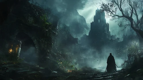 Cloaked wanderer confronts stormlit gothic fortress of ruin.