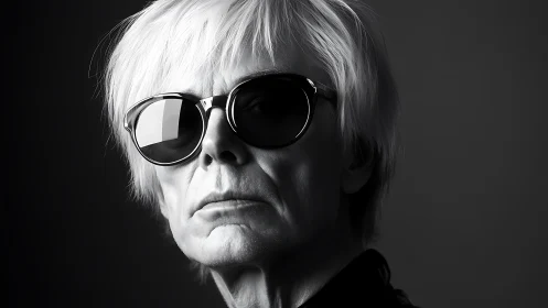 Monochrome portrait of older person in dark sunglasses.