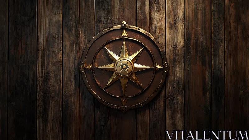 Weathered golden compass emblem hangs on rustic wood wall