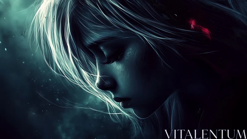 Luminous profile of melancholic girl in teal shadows.