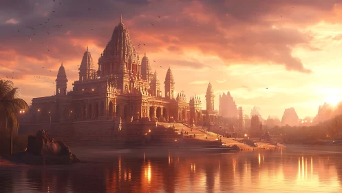 Sunlit riverside temple complex in radiant golden dusk.