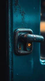 Weathered teal door handle in moody shallow-focus closeup.
