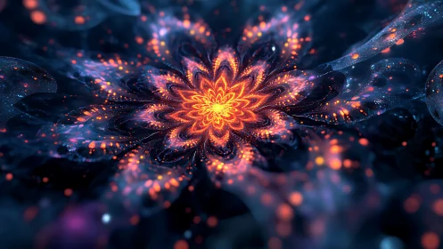 Radiant fractal nebula blossom with luminous particle filaments