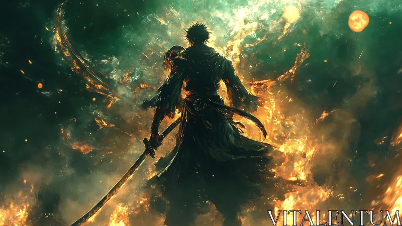 Silhouetted sword wielder within swirling fire and light.