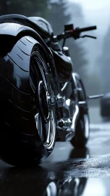 Custom black motorcycle on wet asphalt in moody rainlight.