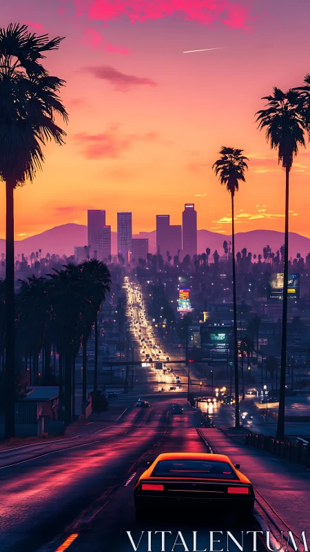 Sunset drive toward the glowing city and palm-lined horizon.