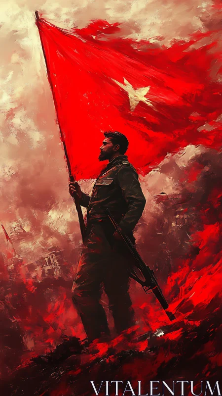 Digital painting of militant standard-bearer with red banner.