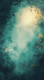 Backlit forest canopy encircles diffused misty light source