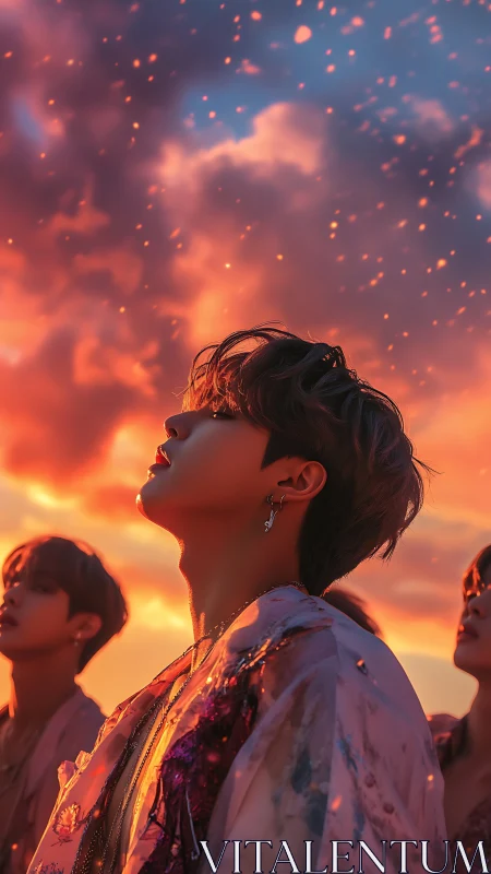 Skyward gaze under ember-lit sunset clouds portrait.