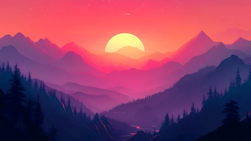 Sunset drapes neon veils across dreaming mountain valleys