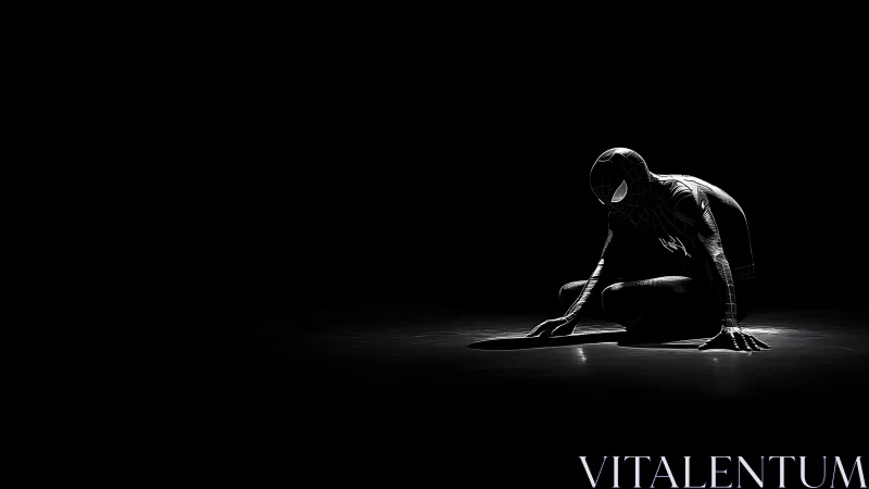 Masked crouching hero kneels in spotlight on glossy floor