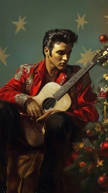 Guitarist in red velvet jacket poses by glowing Christmas tree