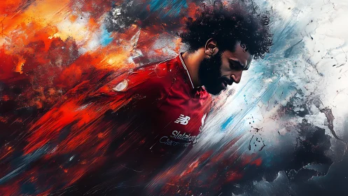 Footballer in red jersey amid abstract color burst.