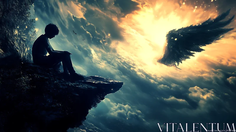 Silhouetted child on cliff edge watching radiant celestial wing