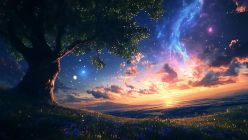 Ancient tree crowns twilight valley beneath glowing cosmos.