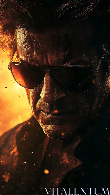 Storm-lit loner in shades walking through molten sparks.