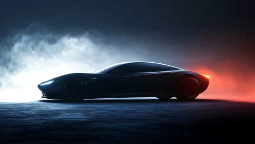 Electric concept coupe in cinematic dual-color rim light.