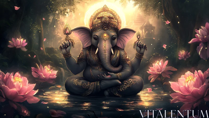 Divine Ganesha figure rendered in luminous lotus pond with ornate detailing