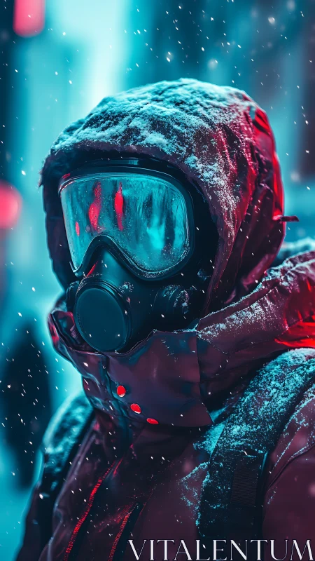 Masked survivor in neon snowstorm under cyan red glow.