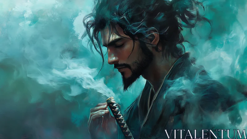 Samurai man in teal mist holding smoking incense stick.