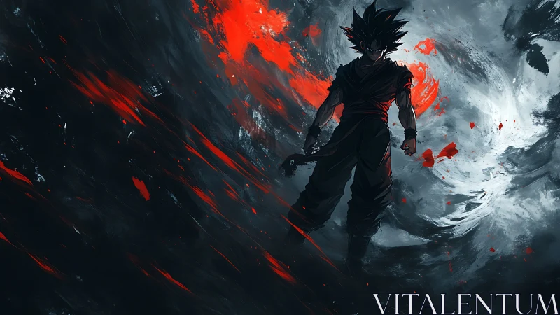 Fierce anime warrior rising through swirling red storm.