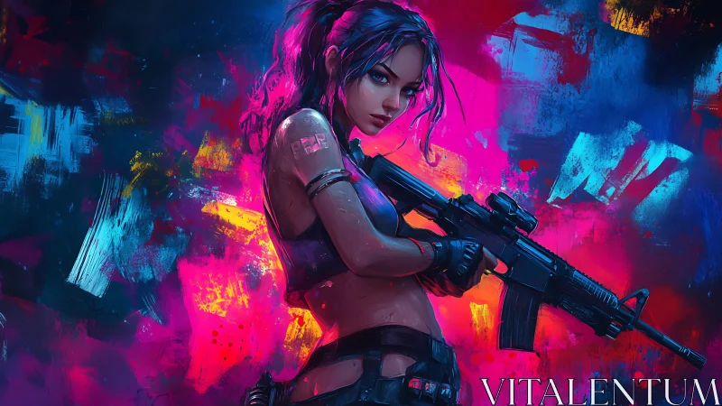 Chromatic cyber-mercenary with rifle in neon-saturated field.