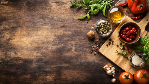 Fresh herbs, spices and tomatoes on rustic wooden table.
