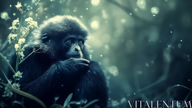 Primate sits in shallow depth of field forest environment