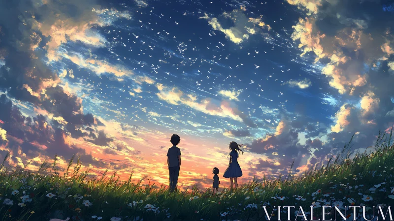 Silhouetted children under iridescent sunset cloudscape.