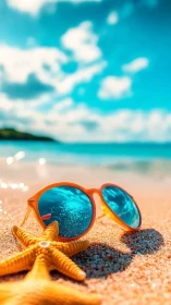 Sunglasses and starfish rest on bright sand beside turquoise sea