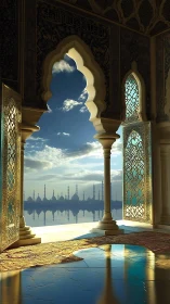 Sunlit mosque courtyard overlooks reflective waters at dawn