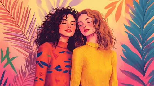 Two Women in Vibrant Botanical Illustration with Warm Tones.
