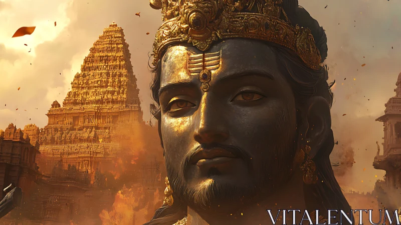 Majestic deity portrait before ancient temple complex panorama.