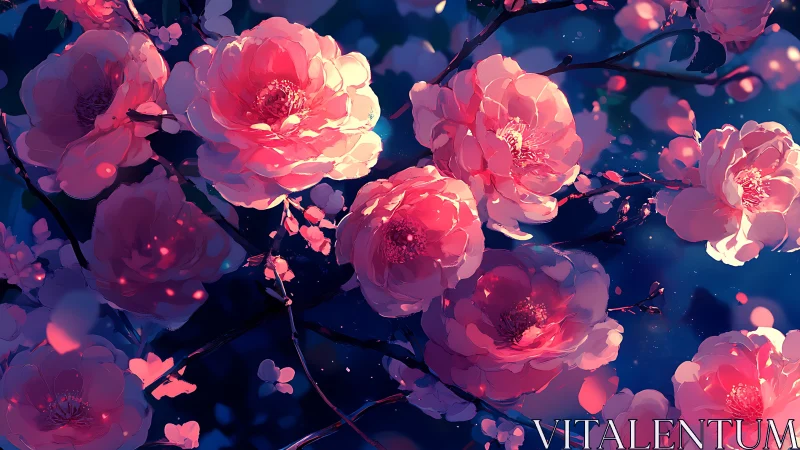 Luminescent Peonies: Digital Floral Composition with Neon Glow.