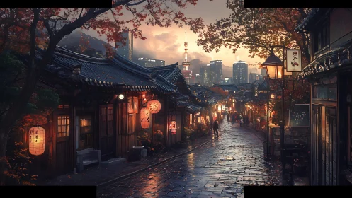 Rainy lantern street contrasts old wooden shops and city towers