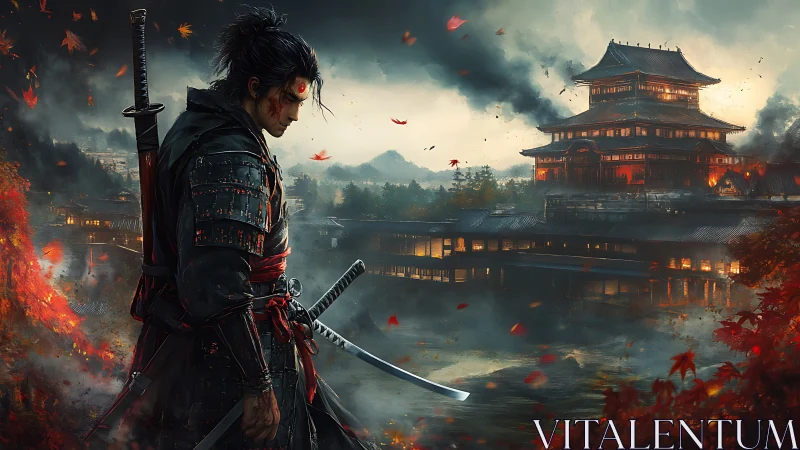 Ronin warrior before burning samurai fortress at dusk.