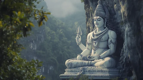 Colossal mountain deity statue sits meditating above misty forest