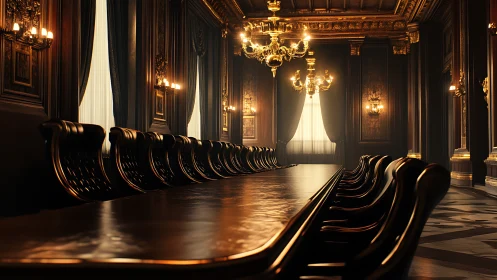 Velvet shadows await decisions beneath a gilded council glow