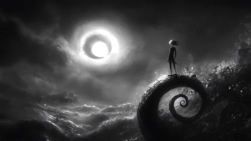 Silhouetted figure on spiral ledge under bright circular sky.