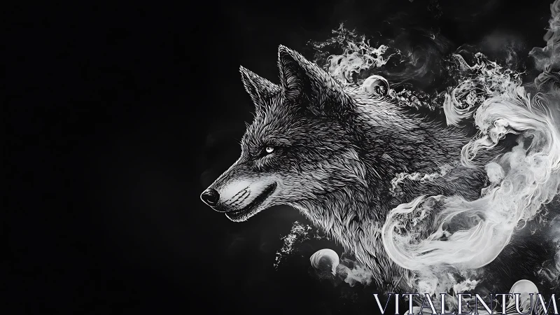 Monochrome lupine profile emerging from swirling smoke plumes