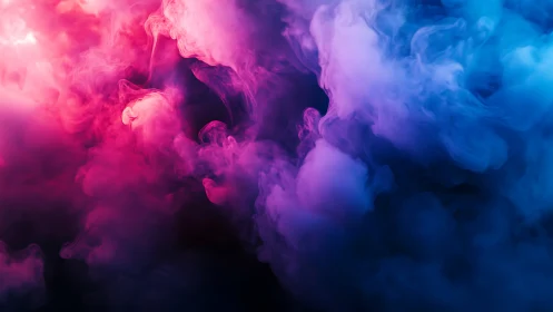 Neon magenta and blue smoke clouds in abstract haze.
